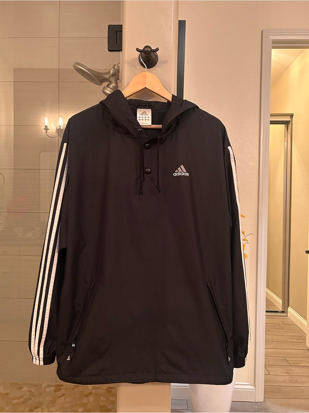 Men’s Adidas Black Pullover Windbreaker with White Three-Stripes
